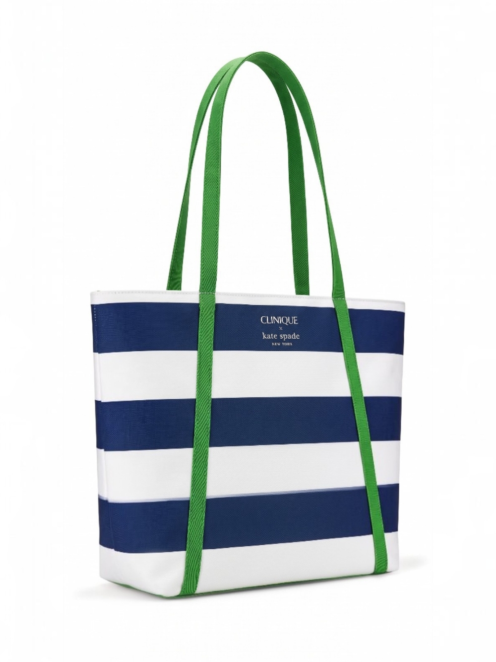 Clinique Navy and White Striped Tote with Green Handles